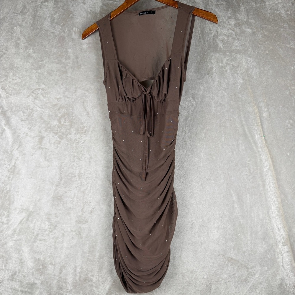 Aster Brown Mesh Ruched Rhinestone Mini Dress Open Back Sleeveless Size L